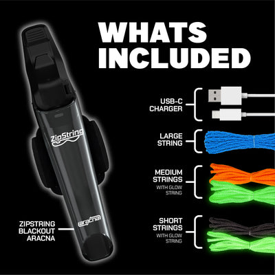 Whats included - ZipString Blackout Aracna, USB-C charger, large string, medium and short strings with glow string 