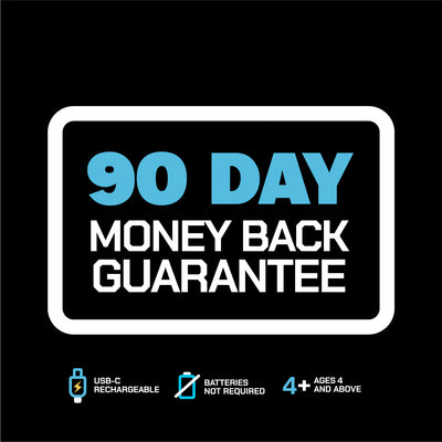 90 day money back guarantee - USB-C rechargeable, no batteries required, ages 4+ 