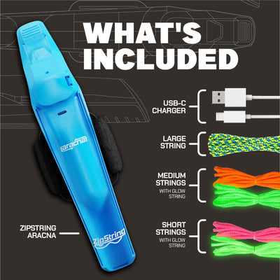 Whats included - ZipString Aracna, USB-C charger, large string, medium and short strings with glow string
