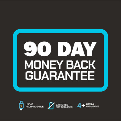 90 day money back guarantee - USB-C rechargeable, no batteries required, ages 4+
