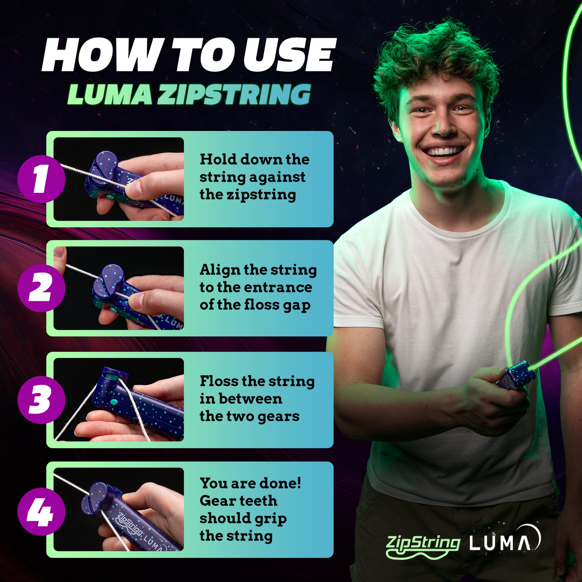 ZipString® Luma The Patented Glow-in-The-Dark Toy That Flies a Loop of String, Creates Endless Shapes and Tricks. Built-in LED for Glowing Fun. Perfect STEM Gift for Kids & Adults. Wonderment Awaits